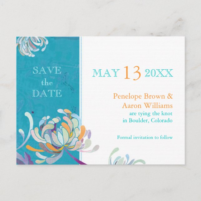 Carte Postale Faire-part Turquoise Fleurs Mariage Épargnez la Date (Devant)