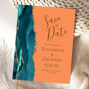 Carte Postale Faire-part Turquoise Gold Agate Tangerine Mariage Enregistrer