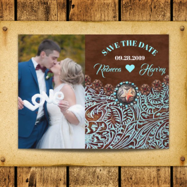 Carte Postale Faire-part turquoise marron western mariage save the date (turquoise brown western wedding save the date announcement postcard)