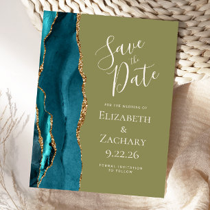Carte Postale Faire-part Turquoise Or Agate Olive Green Wedding Enregistrer