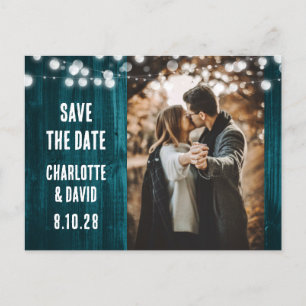 Carte Postale Faire-part Turquoise Rustic Bois Chaîne Lumières Mariage Phot