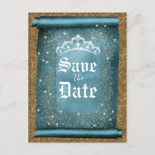 Carte Postale Faire-part Turquoise Sparkle Gold Diamond Tiara Scroll Date d