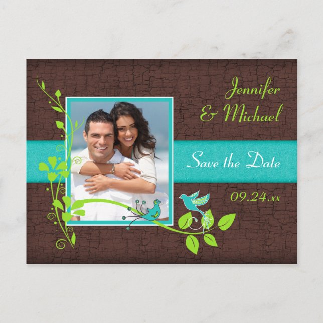 Carte Postale Faire-part Turquoise Vert Brun Floral Oiseaux Enregistrer la  (Devant)