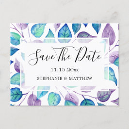 Carte Postale Faire-part Turquoise Violet Feuilles Mariage Épargnez La Date
