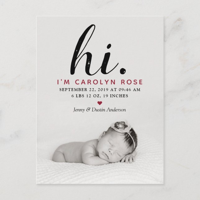 Carte Postale Faire-part Typographe moderne "Salut". Photo Birth Announceme (Devant)