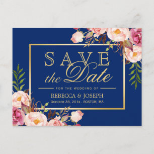 Carte Postale Faire-part (USPS) Fleurs roses or bleu marine Save the Date