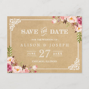 Carte Postale Faire-part (USPS) Mariage floral rustique Kraft Enregistrer l