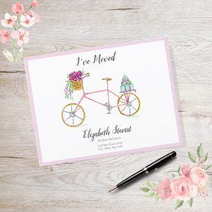 Carte Postale Faire-part Vélo Rose Doux Avec Fleurs Paquets que J'ai Déména