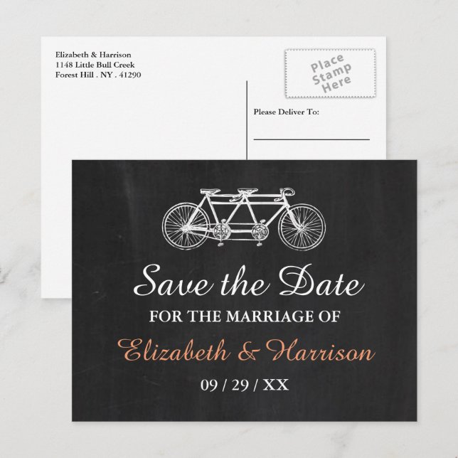 Carte Postale Faire-part Vélo Tandem Sur Chalkboard Mariage Enregistrer La  (Devant / Derrière)