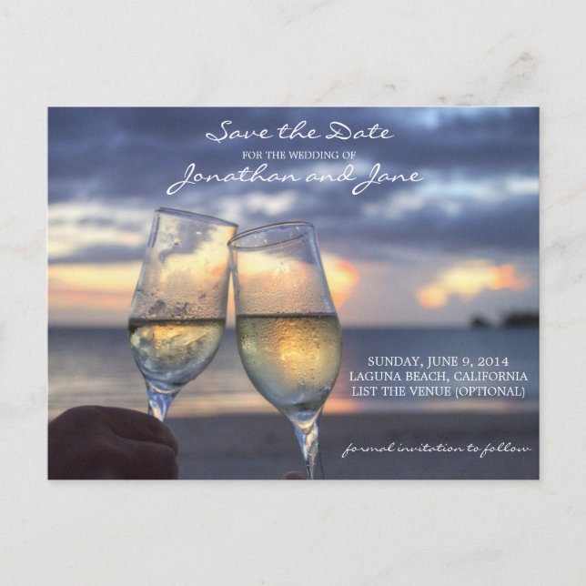 Carte Postale Faire-part Verre à Champagne Mariage Plage Océan Enregistrer  (Devant)