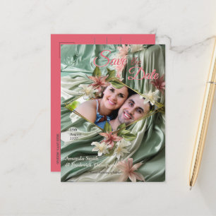 Carte Postale Faire-part Vert, Crème, Draps De Soie Et Fleurs De Pinkish