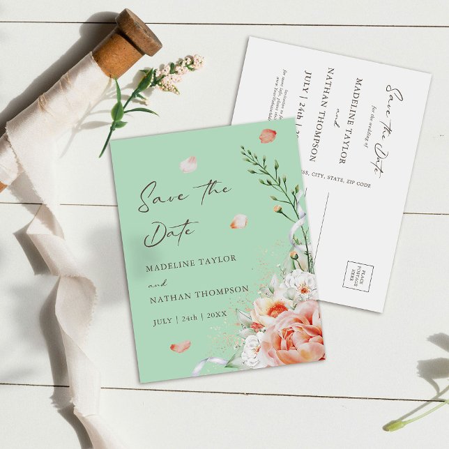 Carte Postale Faire-part Vert menthe et floral botanique pêche Enregistrer  (Créateur téléchargé)