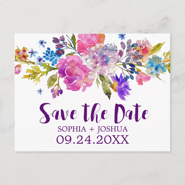 Carte Postale Faire-part Violet rose et bleu Fleurs mariage Enregistrer la  (Devant)
