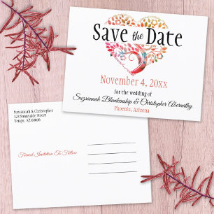 Carte Postale Faire-part Wedding Save The Date Orange Burgundy Tree Heart