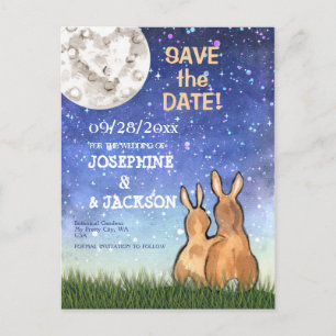 Carte Postale Faire-part Whimsical Blue Bunny Rabbit Lune Stars Mariage