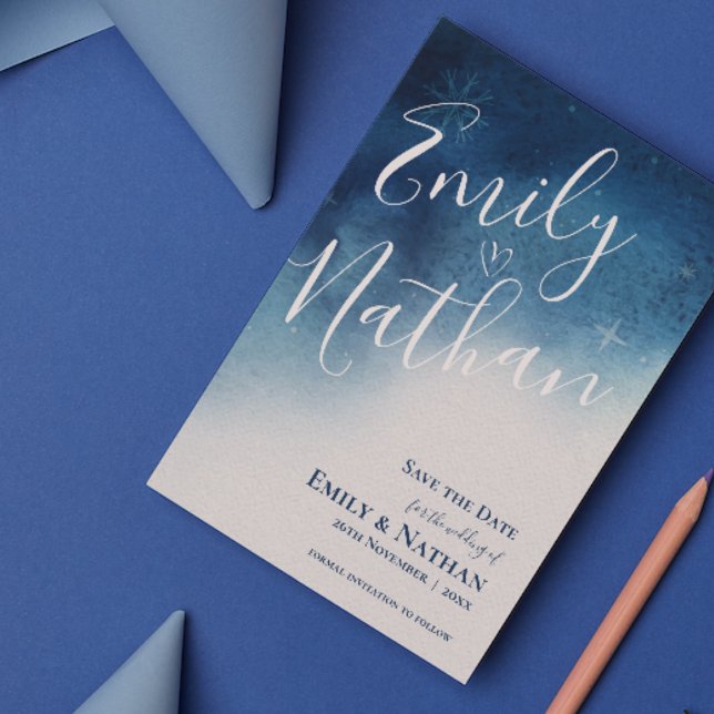 Carte Postale Faire-part Whimsical Blue White Snowflake Elegance Mariage (Whimsical Blue White Snowflake Elegance Wedding Announcement Save the Date Postcard)