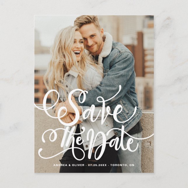 Carte Postale Faire-part White Bold Modern Calligraphy Photo Enregistrer la (Devant)