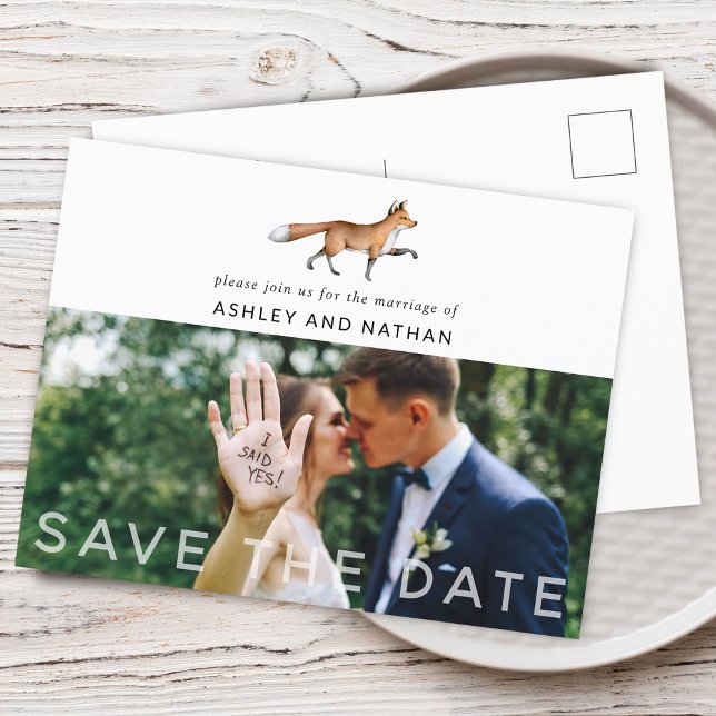 Carte Postale Faire-part Woodland Fox Wedding Enregistrer La Date Photo (Woodland Fox Wedding Save The Date Photo Announcement Postcard)