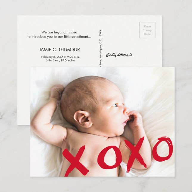 Carte Postale Faire-part XOXO Valentine's Baby photo personnalisée (Devant / Derrière)