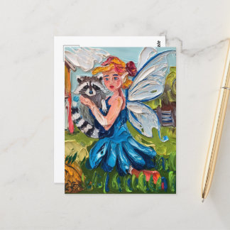 Carte Postale Fairy and Her Cute Pet Raccoon