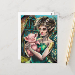 Carte Postale Fairy and her Piglet on the Farm