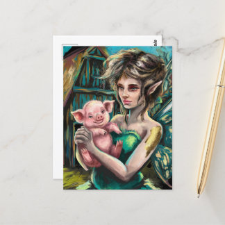 Carte Postale Fairy and her Piglet on the Farm