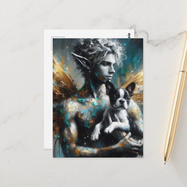 Carte Postale Fairy Homme Avec Boston Terrier Puppy (Devant/Arrière en situation)
