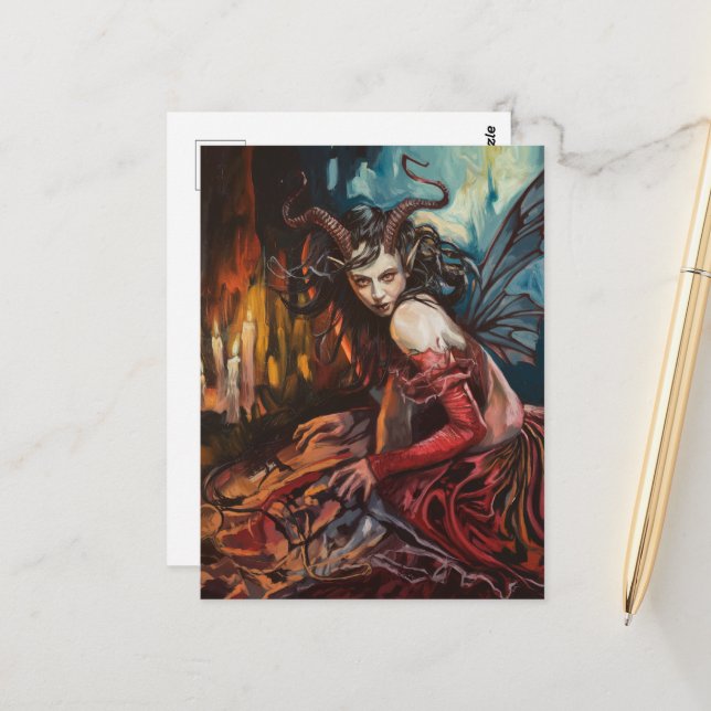 Carte Postale Fairy in a Red Dress Dark Fantasy (Devant/Arrière en situation)
