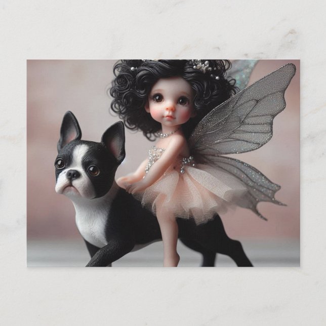 Carte Postale Fairy Riding a Boston Terrier Imaginaire (Devant)