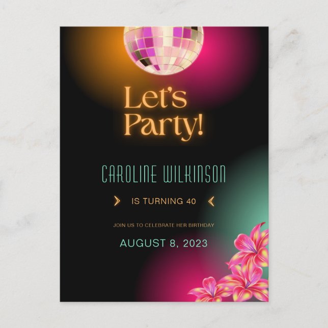 Carte Postale Faisons la fête Black Orange Neon 40e Anniversaire (Devant)