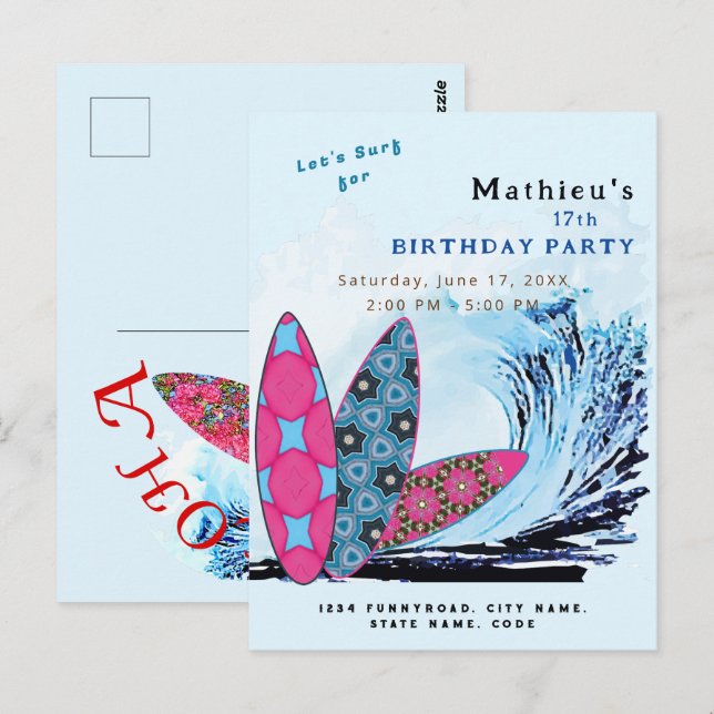 Carte Postale Faisons une fête d'anniversaire de surf sur la pla (Devant / Derrière)