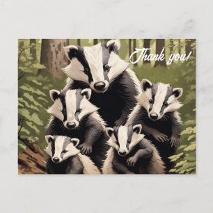 Carte Postale Famille de blaireaux en milieu boisé Merci