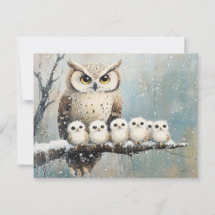 Carte Postale Famille de chouettes sur une branche de neige