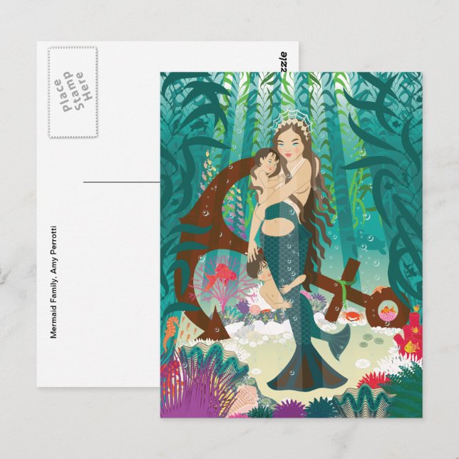 Carte postale Famille de sirènes (brunes) (Devant / Derrière)