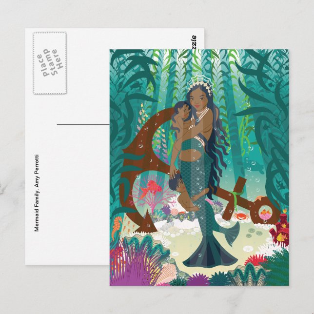 Carte postale Famille de sirènes (peau et yeux bru (Devant / Derrière)