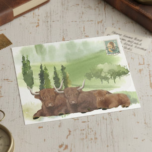 Carte Postale Famille de vaches des Highlands aquarelle Écosse