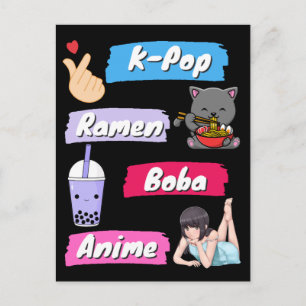 Carte Postale Fan de la culture populaire K-Pop, Ramen, Boba et 
