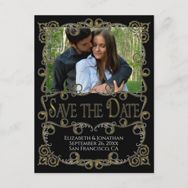 Carte Postale Fancy Ornate Gold & Black Wedding Enregistrer la d (Devant)