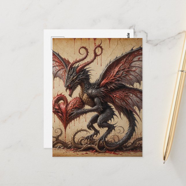 Carte Postale Fantastique sombre Cœur saignant de dragon (Devant/Arrière en situation)
