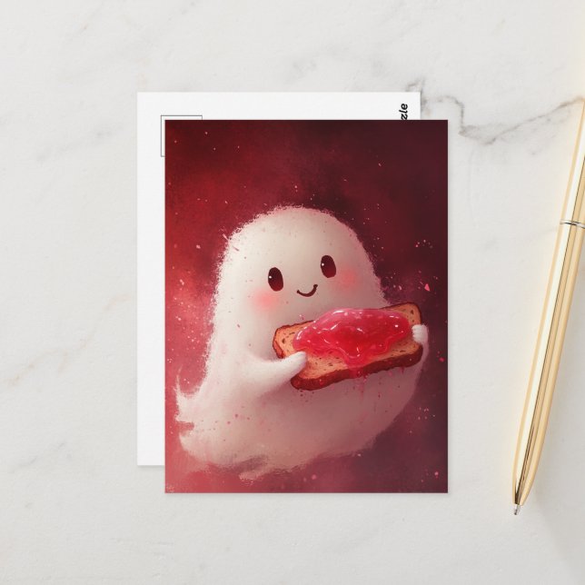 Carte Postale Fantôme adorable avec pain grillé et confiture (Devant/Arrière en situation)