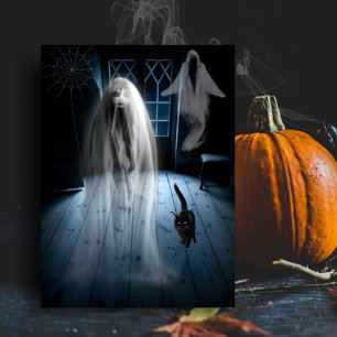 Carte Postale Fantôme d'Halloween effrayant et chat noir