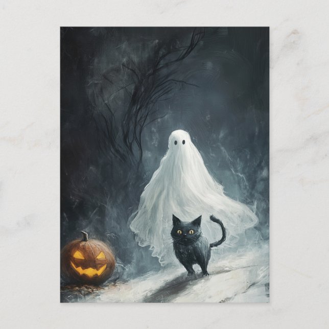 Carte Postale Fantôme d'Halloween et chat noir (Devant)