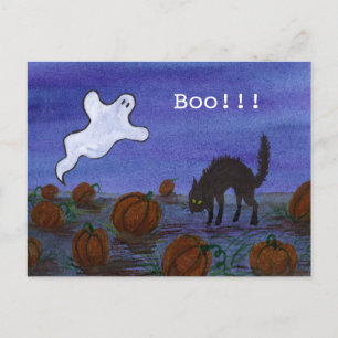 Carte Postale Fantôme et chat noir dans le patch Citrouille