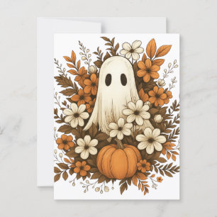 Carte Postale Fantôme mignon avec Citrouille et fleurs d'automne