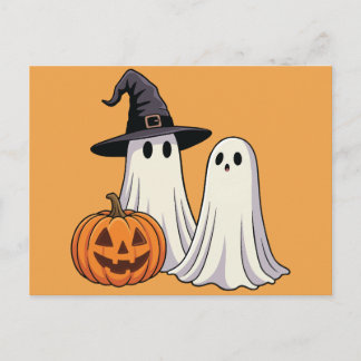 Carte Postale Fantômes de Feuille Mignons avec Chapeau de Sorciè