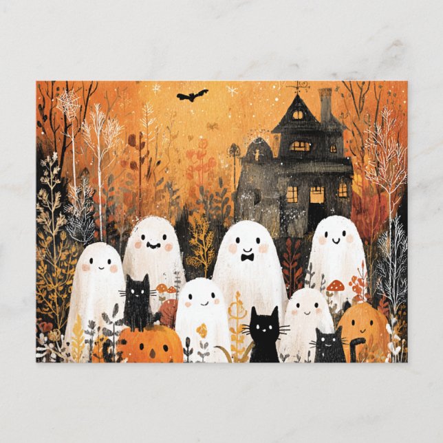 Carte Postale fantômes d'Halloween, chats noirs et chauves-souri (Devant)