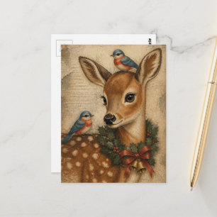Carte Postale Faon et oiseaux de Noël vintage adorables