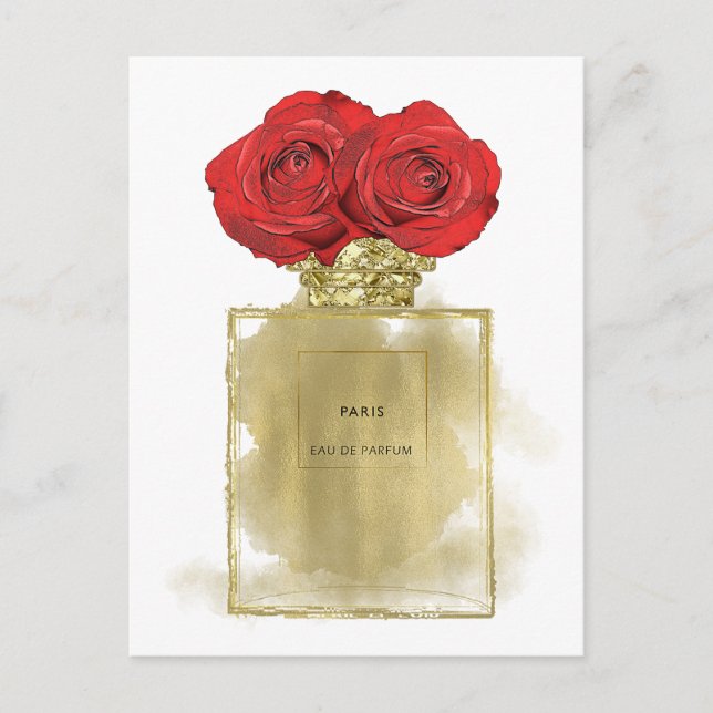Carte Postale Fashion Florale Bouteille de parfum Roses rouges G (Devant)