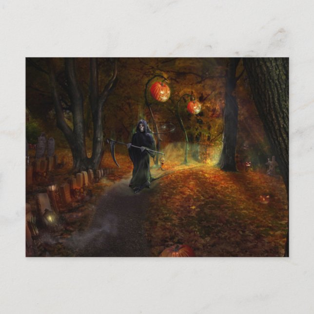 Carte Postale Faucheuse et citrouilles (Devant)