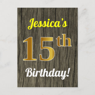 Carte Postale Faux Bois, Faux Or 15e Anniversaire & Nom Personna